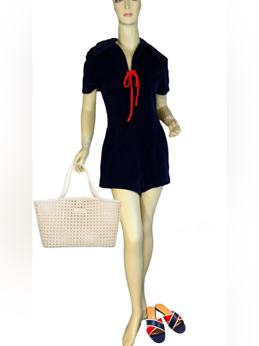 VINTAGE 1970'S BEACH PARTY BLUE TERRY CLOTH ROMPER (M)